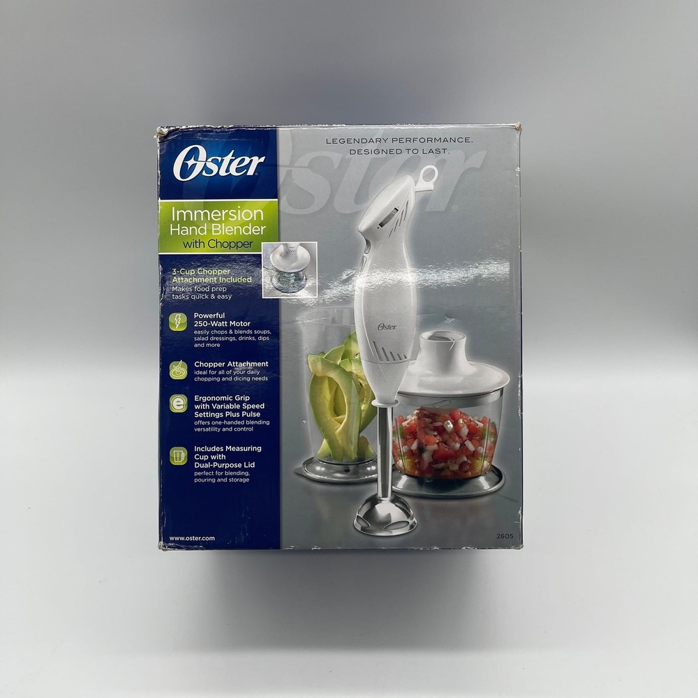 Oster 250W Immersion Hand Blender with 3-Cup Chopper and Measuring Cup - White